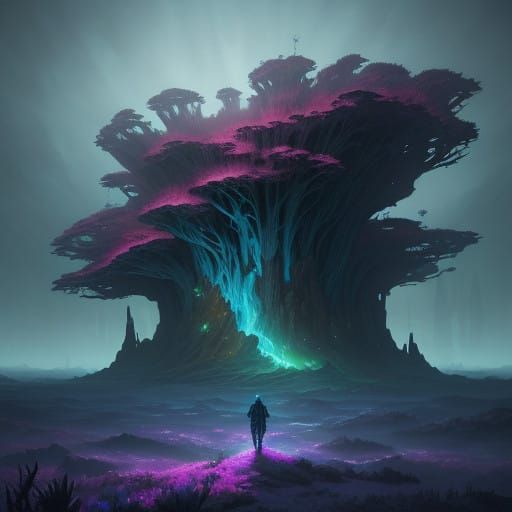 Surreal, High-Fantasy Landscape with Glowing Florafauna