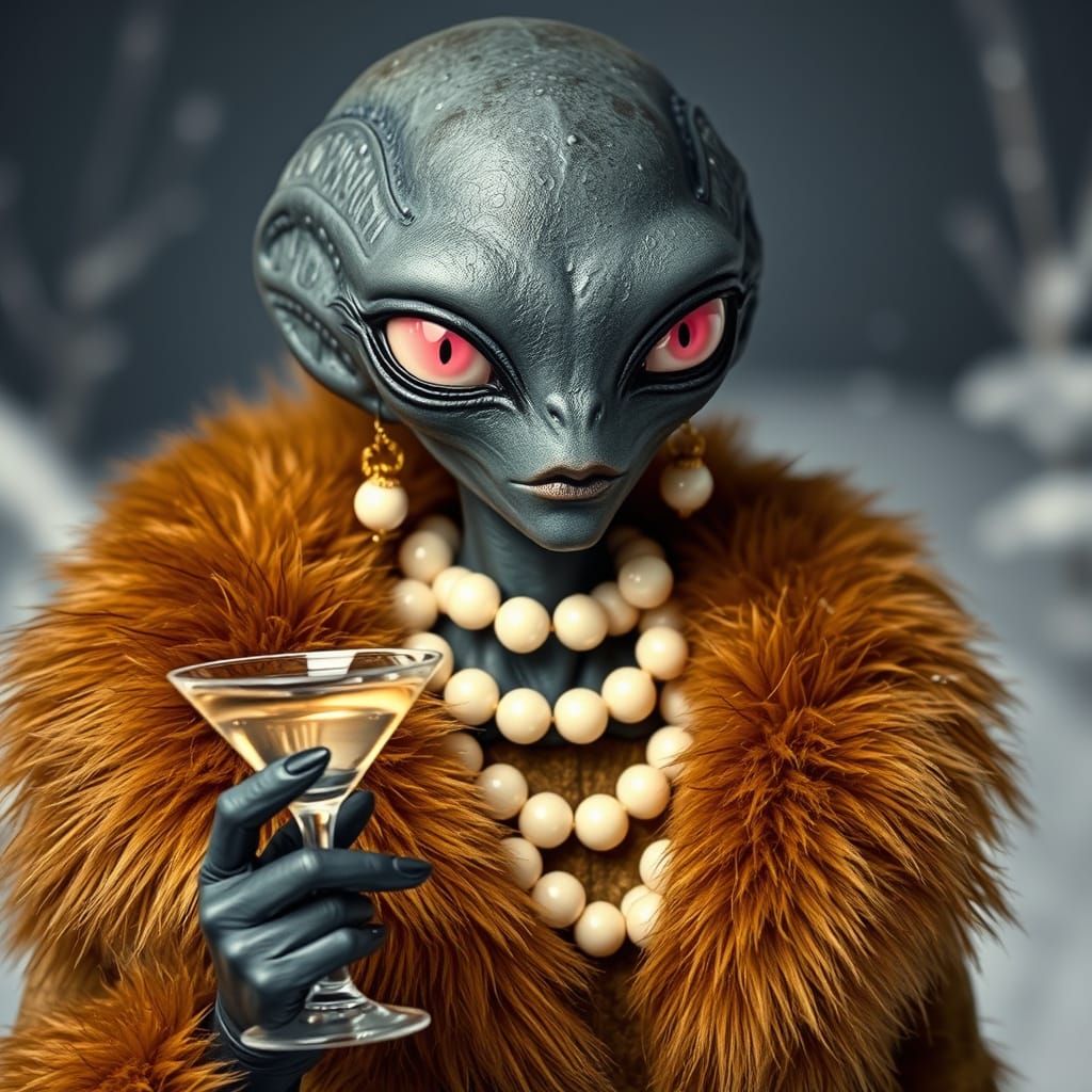 Alien in Couture: High Fashion Portrait with Snowy Backdrop