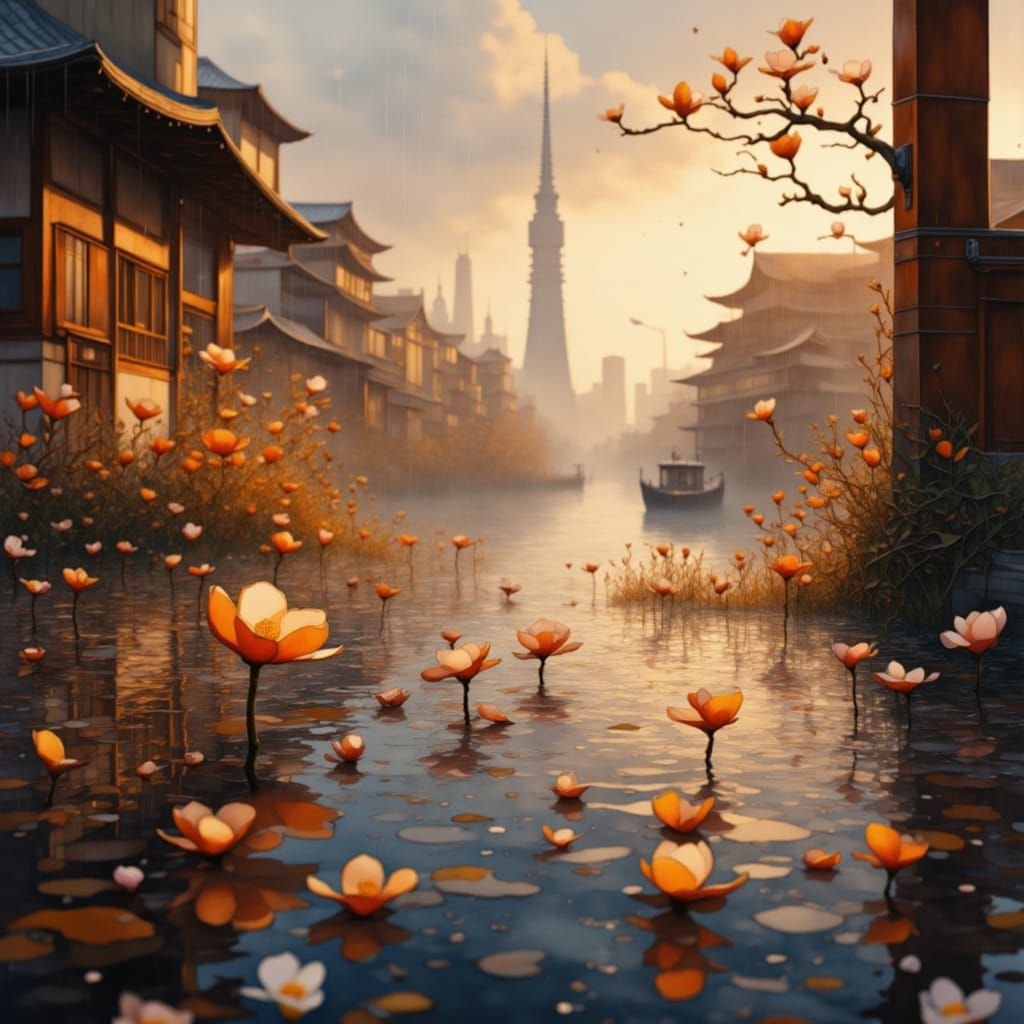 Raindrops on Wood, Tokyo Skyline, Impressionistic Style