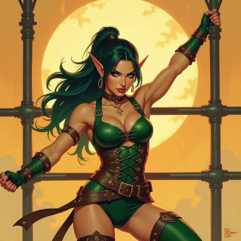 Elf Gymnast on Parallel Bars: Fantasy Oil Painting