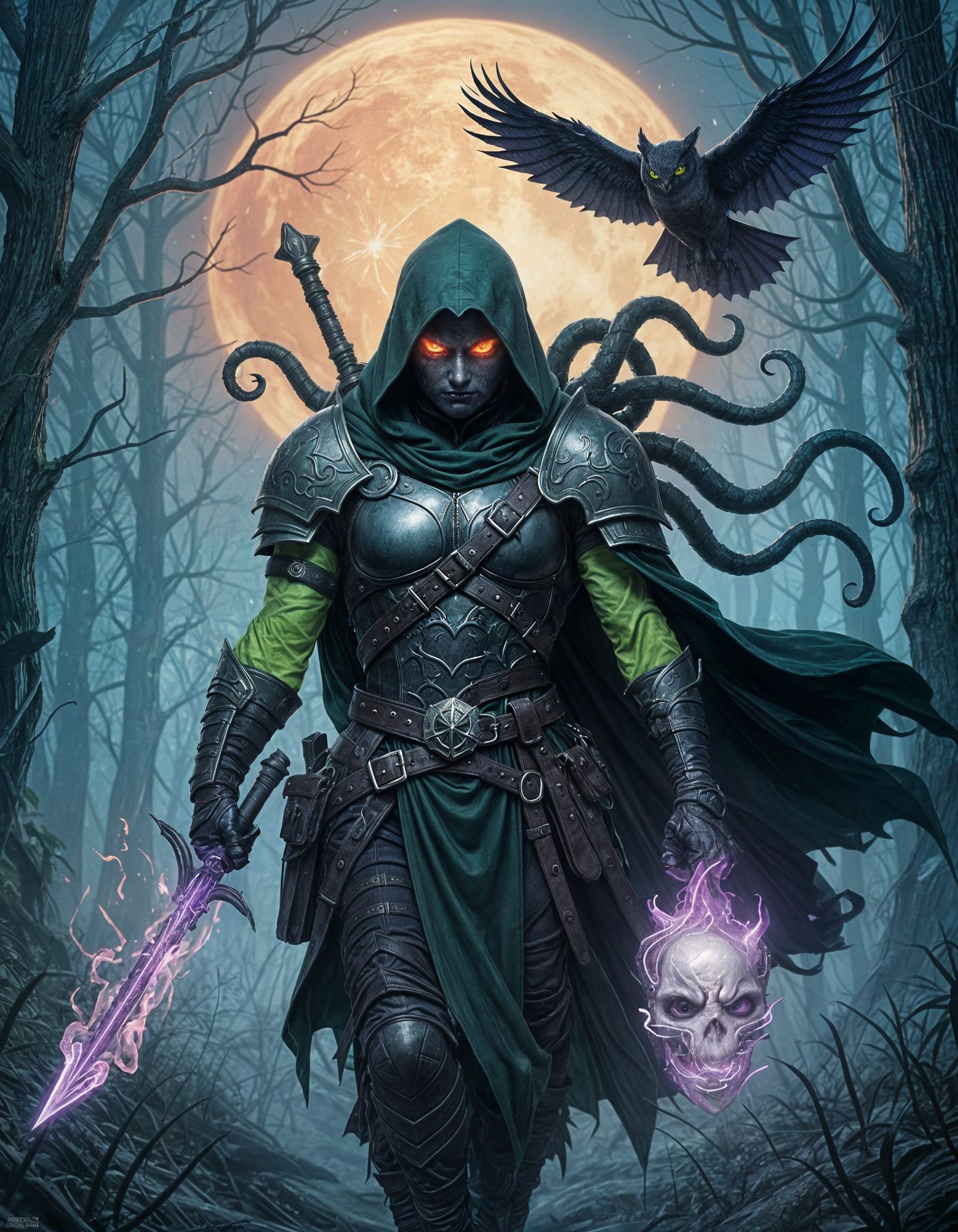 Tiefling Ranger Cleric in Spectral Forest with Fiery Pumpkin