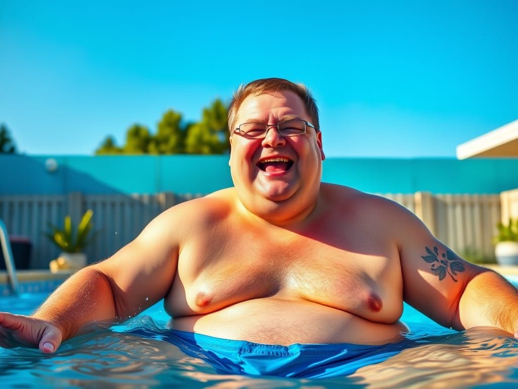 Happy Man Cannonball in Sunny Backyard Pool
