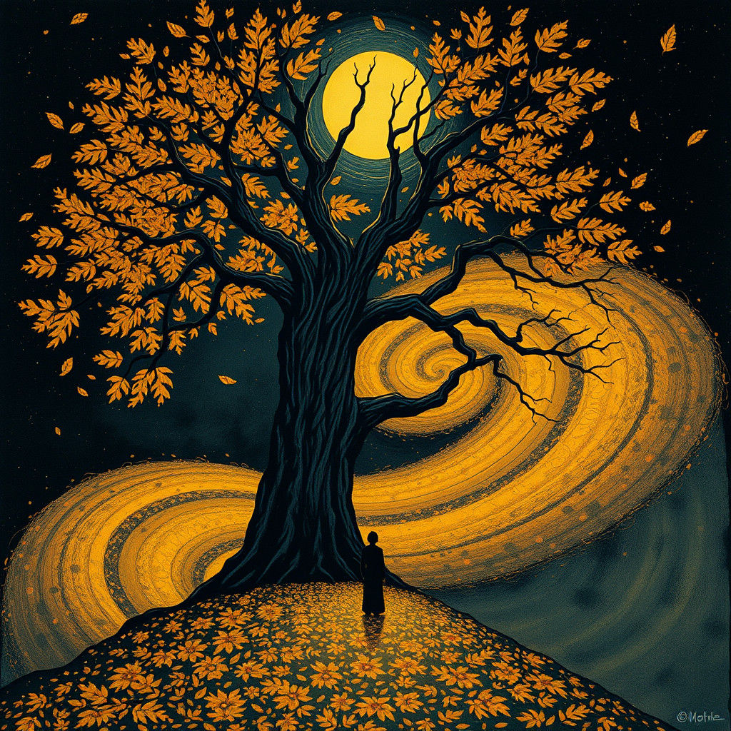 Mystical Autumn Night: Golden Leaves in Surreal Art