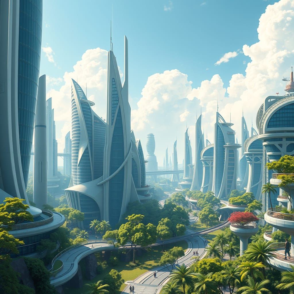 Solarpunk Cityscape: Futuristic Utopia of Green Technology