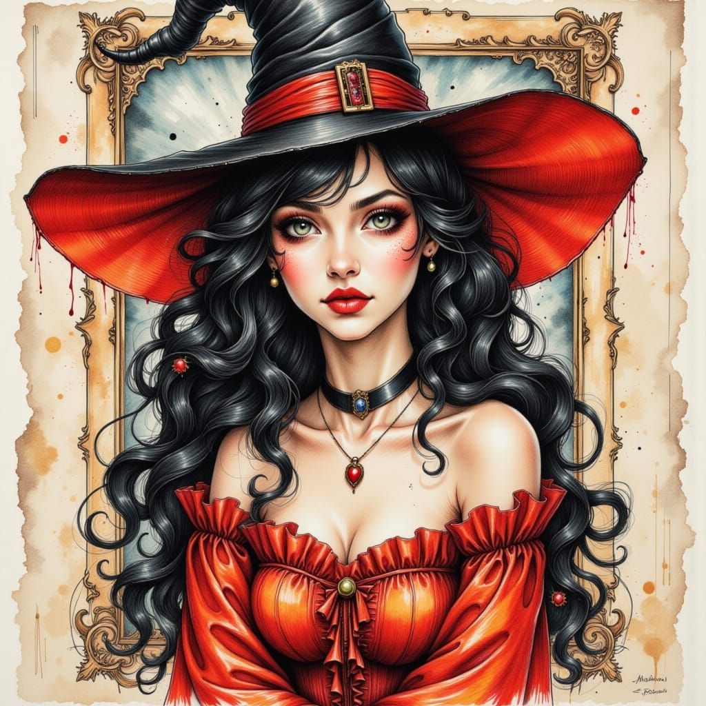 Captivating Woman in Witch Hat: Colored Pencil Drawing