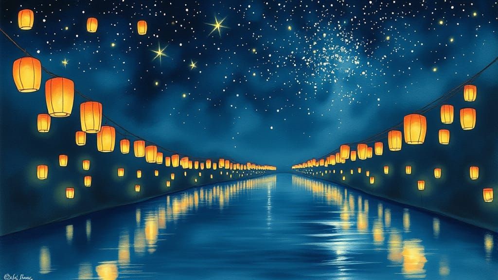 River Under Starry Sky with Floating Paper Lanterns