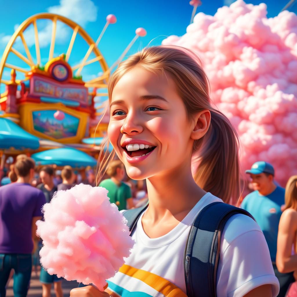 Smiling Girl with Cotton Candy at Theme Park