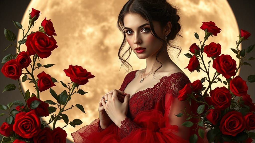Sultry Moonlit Portrait of a Woman in Gorgeous Red Gown