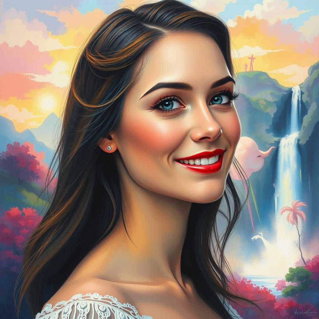 Serene Woman in Whimsical Landscape, Gouache and Watercolor ...