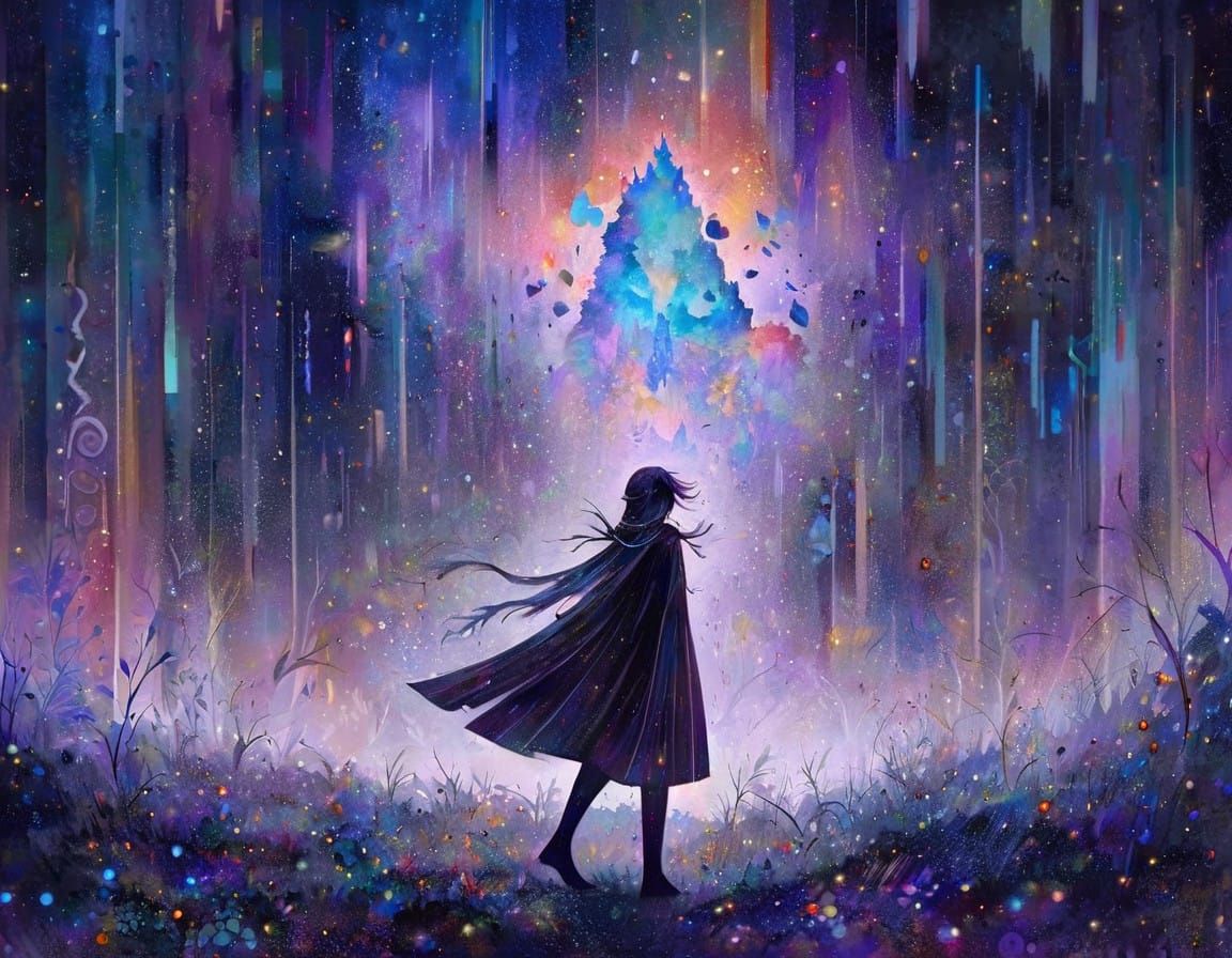 Girl in Moonlit Glittery Forest, Cosmic Background