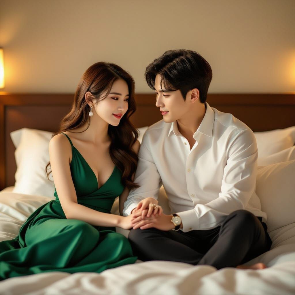 Korean Couple in Emerald Dress, Cinematic K-Drama Style