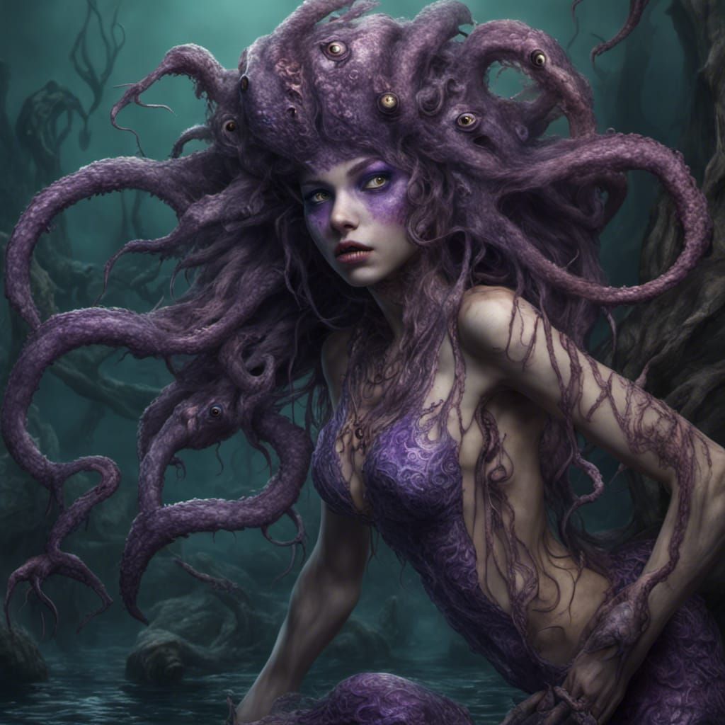 Eldritch Siren Horror with Purple Skin and Many Eyes