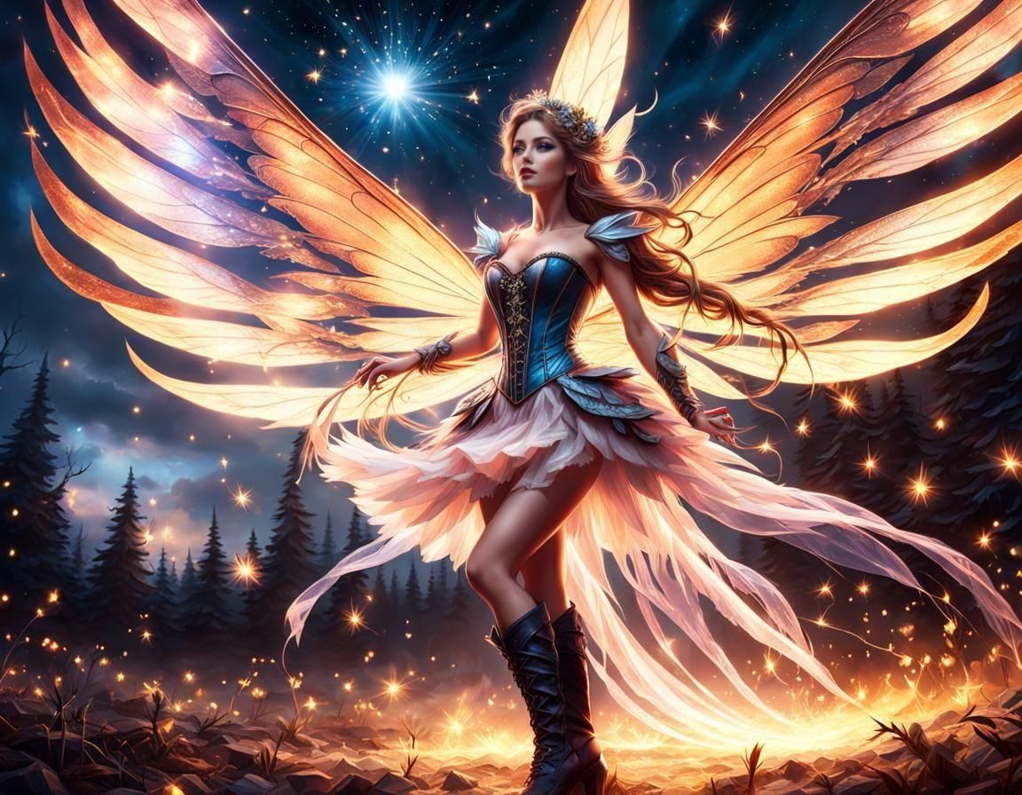 Gorgeous Fairy Conjuring Fireball in Starry Night
