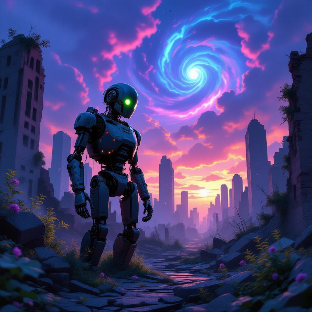 Automaton in Ruined City with Bioluminescent Flora