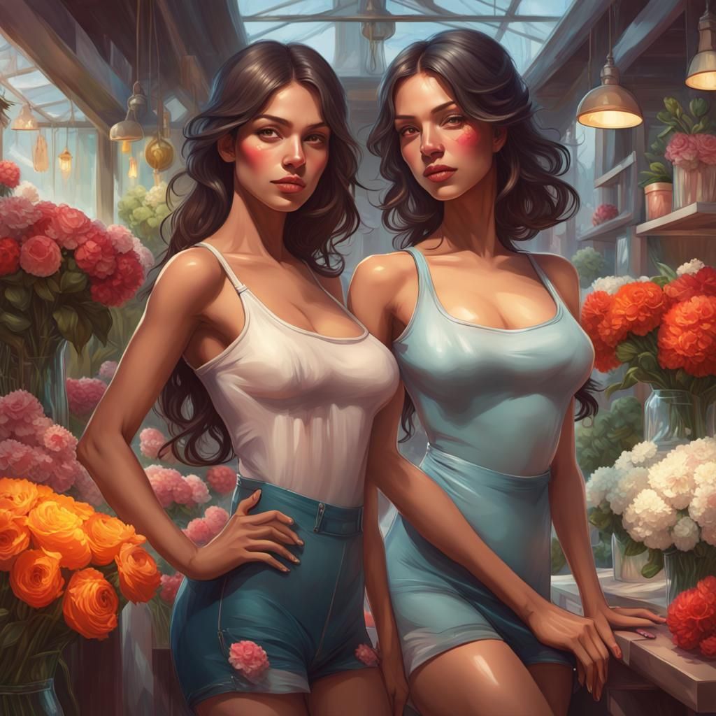 Latina Women in Flower Shop: Hyperdetailed Digital Portrait