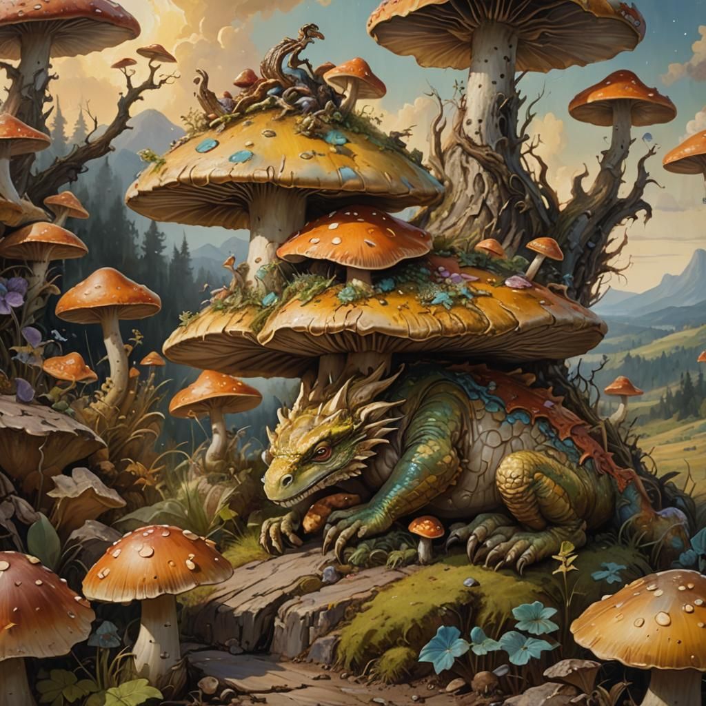 Mushroom Dragon As Oil Painting by Gurney