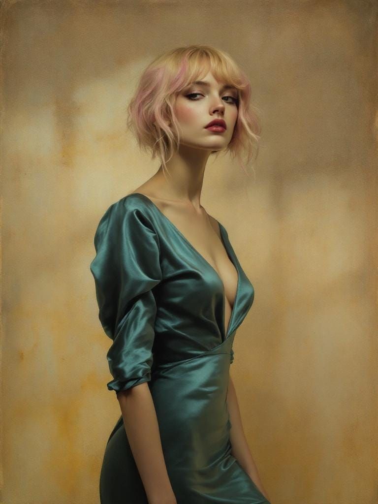 Pin-Up Woman in Metallic Dress with Honey-Toned Luminosity