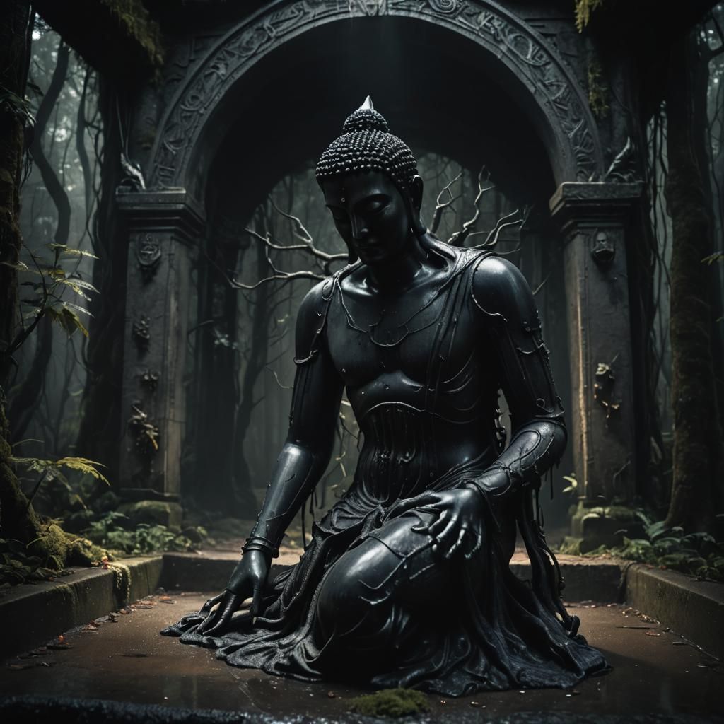 Black Rubber Buddha Statue in Misty Forest