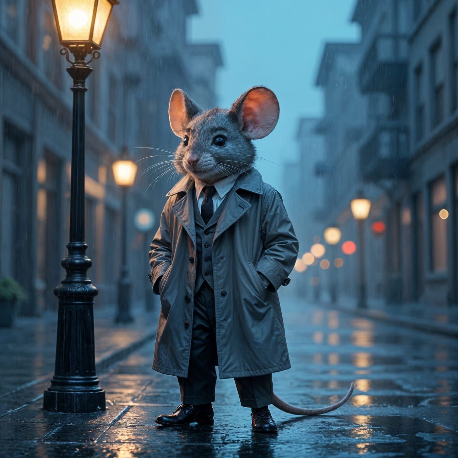 Mouse Detective in Noir City Street, Cinematic Lighting