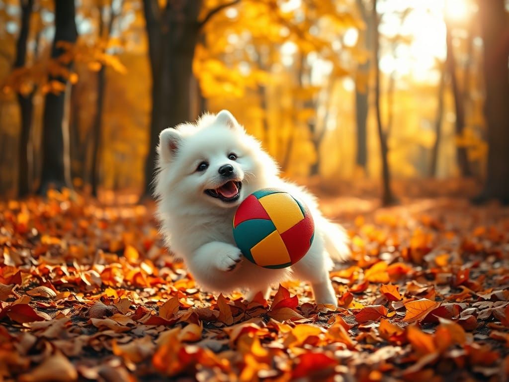 Fluffy Samoyed Puppy Plays in Golden Autumn Forest