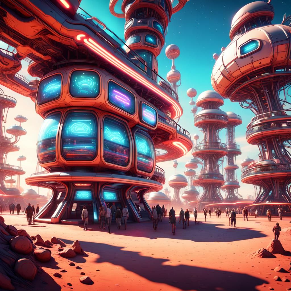 Futuristic Mars Amusement Park with Robots in Neon Style
