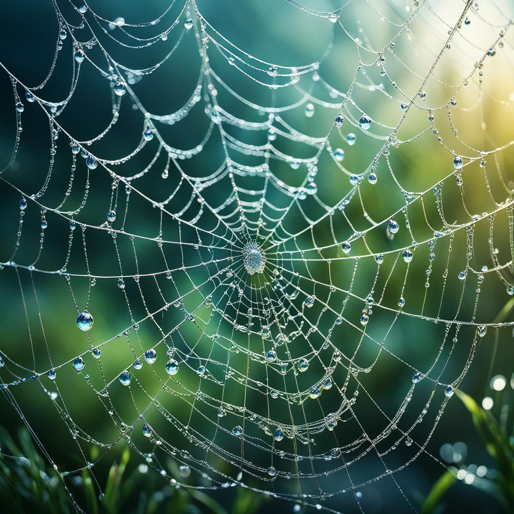 Glistening Spider Web in Morning Sunlight: Macro Photography