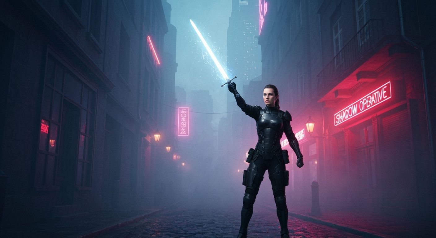 Joan of Arc Shadow Operative in Futuristic Neo-Noir City
