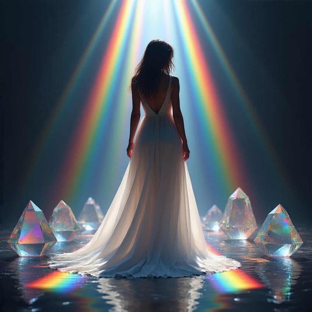 A digital photograph features beams of light passing through an array of transparent glass prisms, casting a spectrum of...