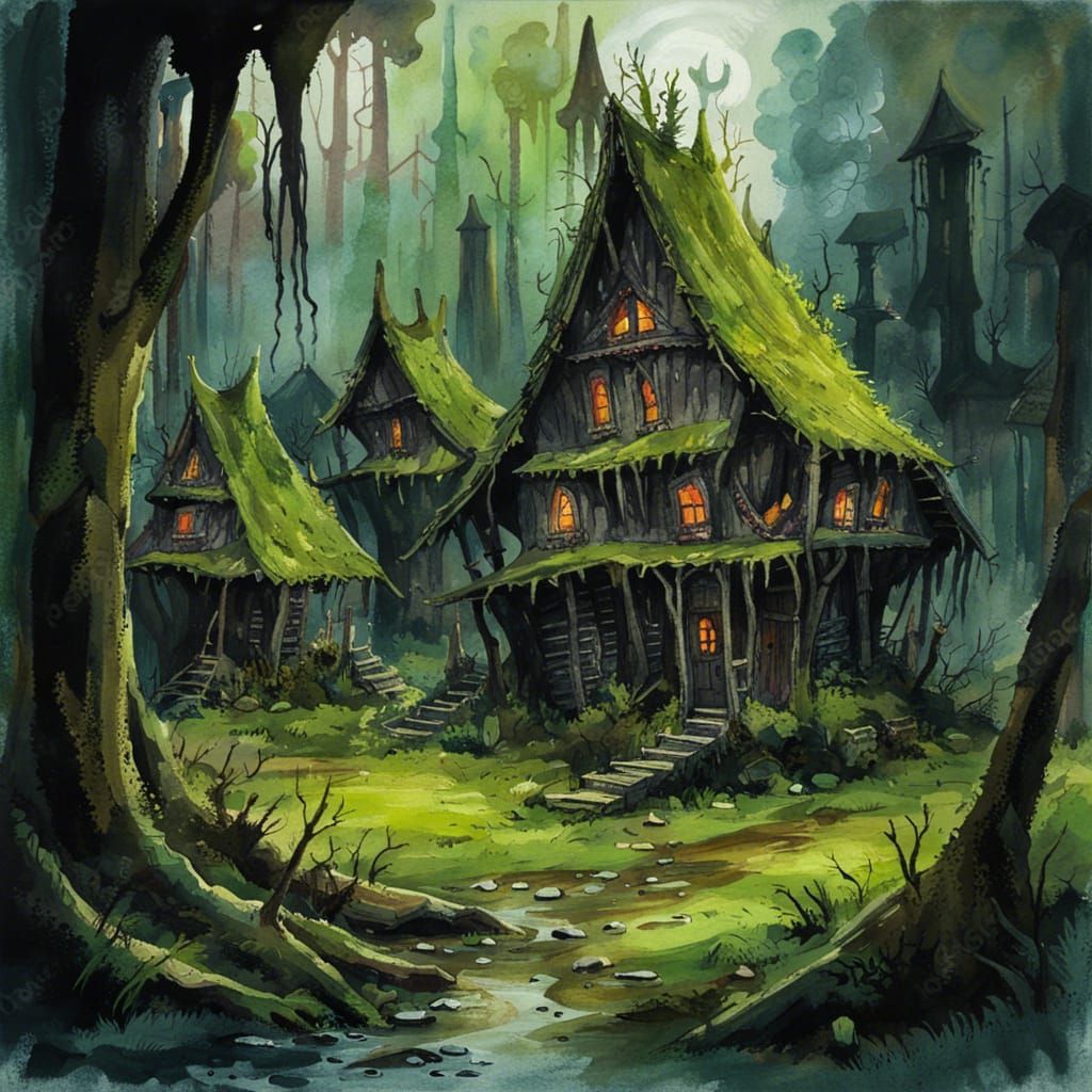 Gothic Horror Forest Village in Gouache Style