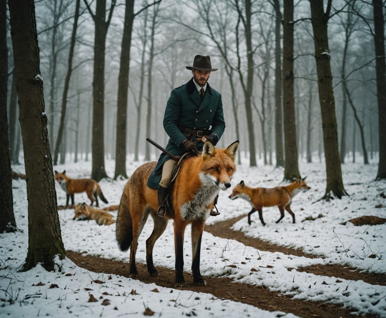 Fox hunting in a forest meadow after first snow