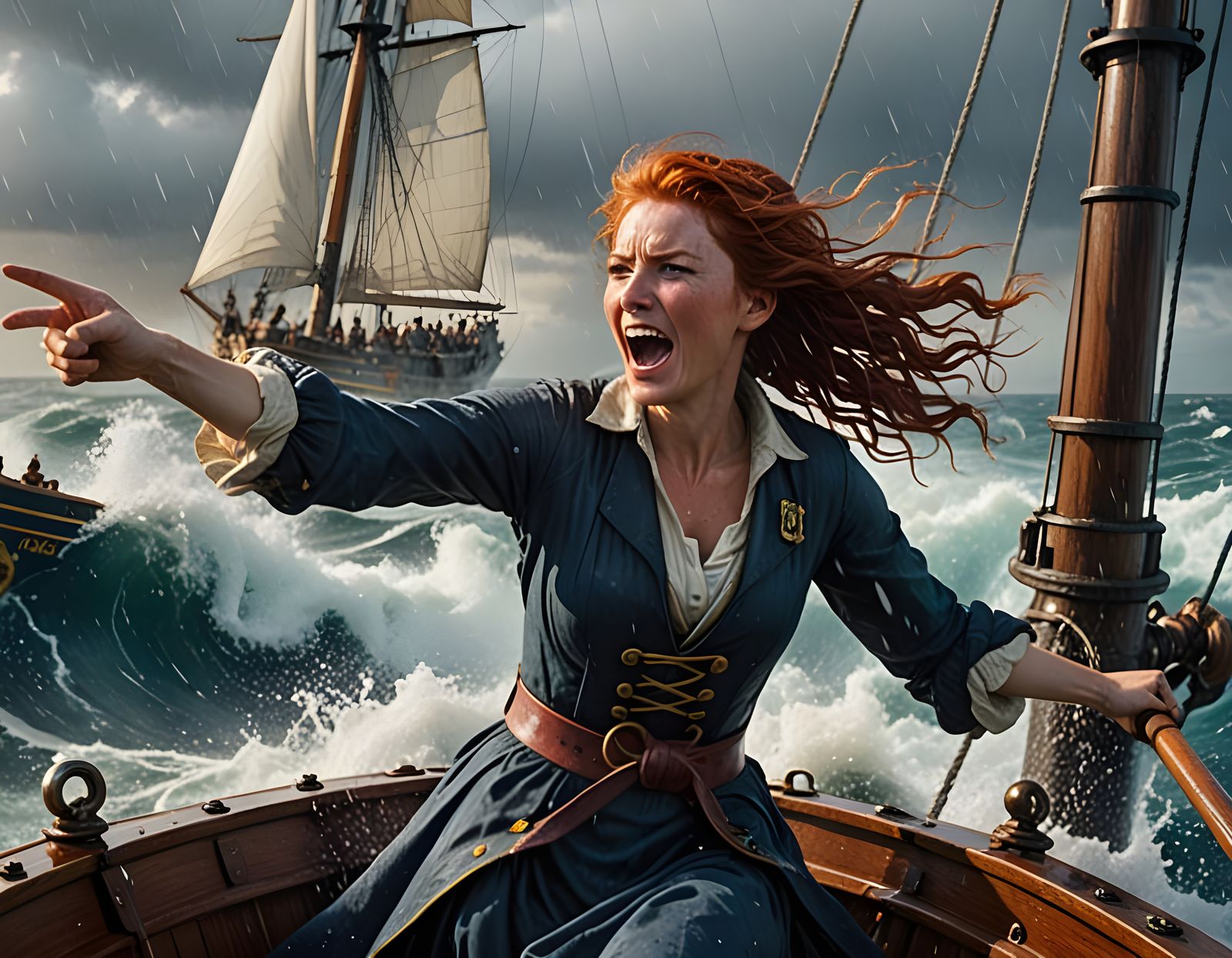 Red-Haired Woman on Ship Navigating Stormy Seas