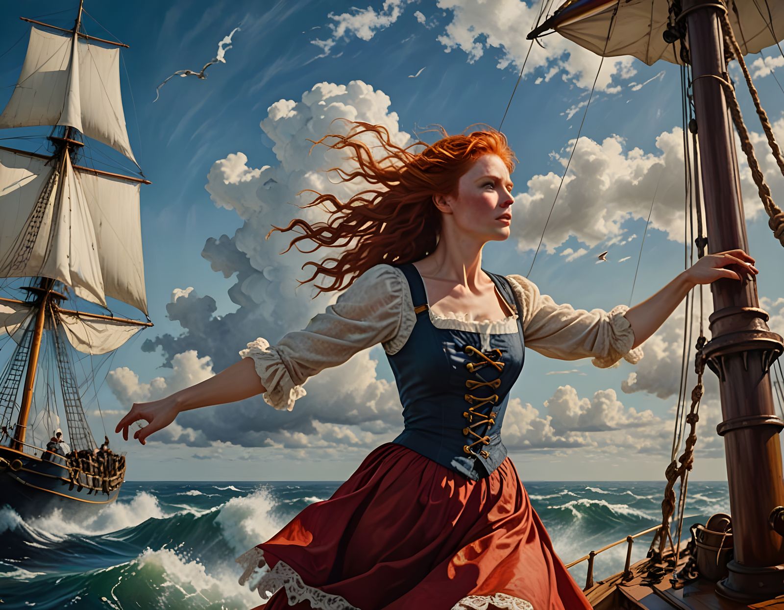 Red-Haired Woman on Ship's Bow Amidst Storm