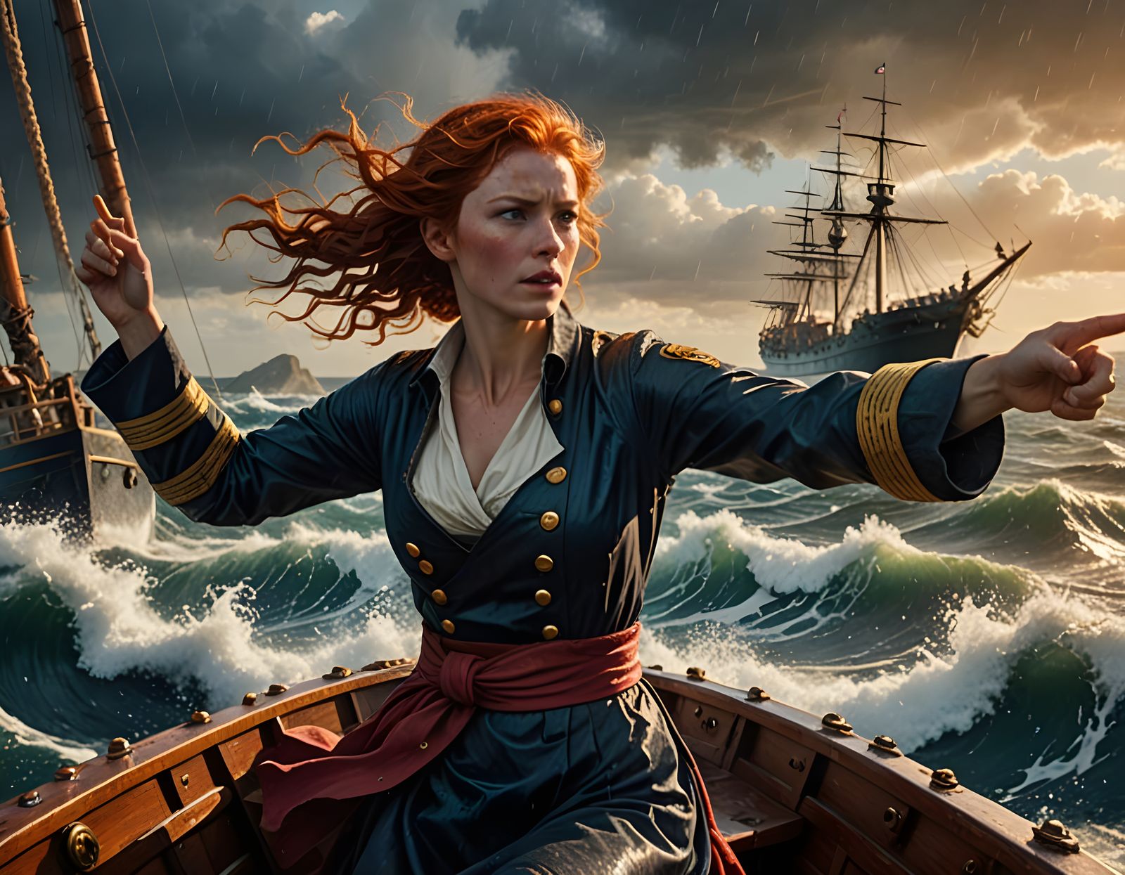 Red-Haired Woman on Ship Bow Navigating Storm