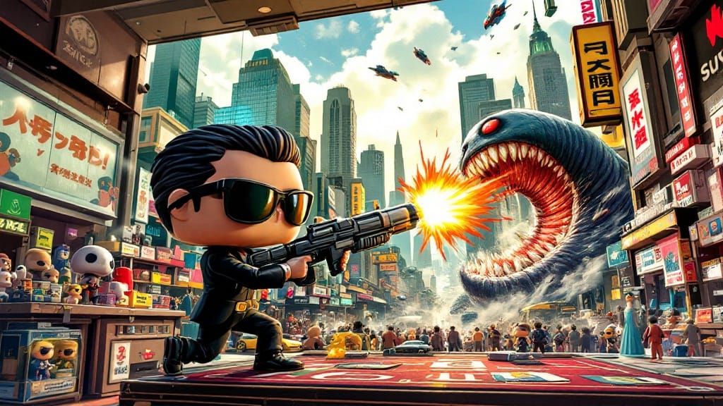Sleek Agents Battle Bobble-Headed Alien in Vibrant Funko Pop...