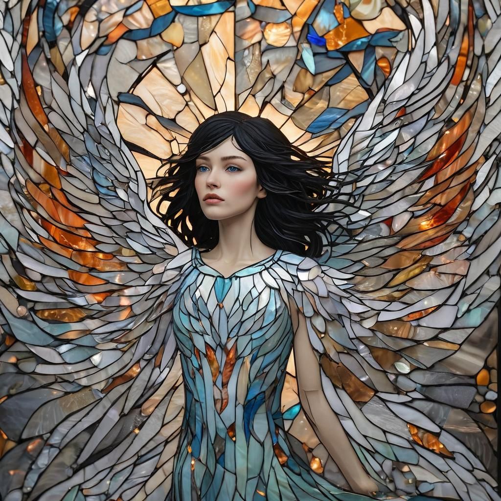 Woman, Phoenix, and Glass Shards: Digital Art