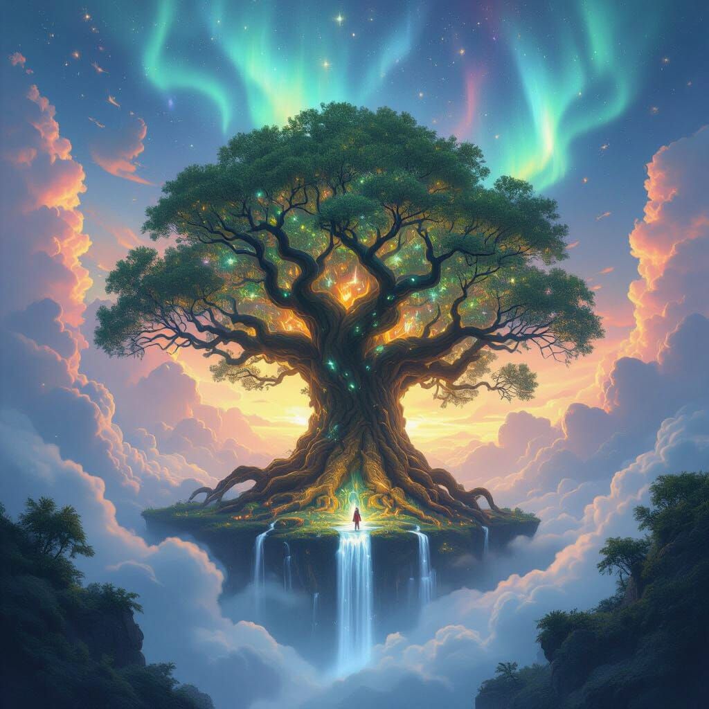 Giant Bioluminescent Tree Floating in Aurora Sky