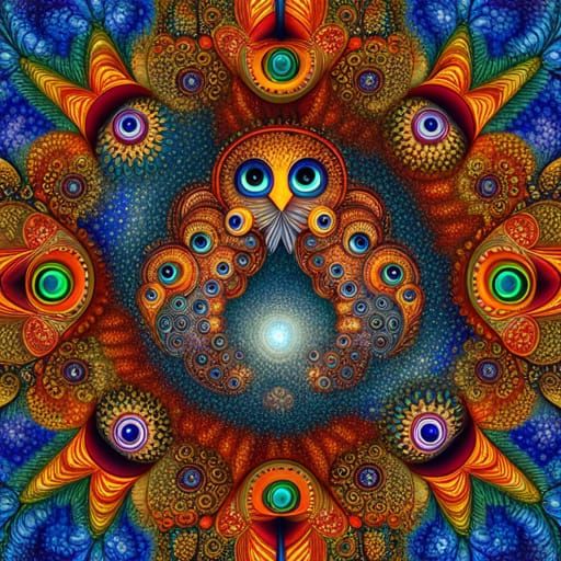 Radiant Phoenix and Owl Mandala in Gouache Style