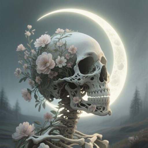 Floral Skull with Moon Halo, Ethereal Digital Art