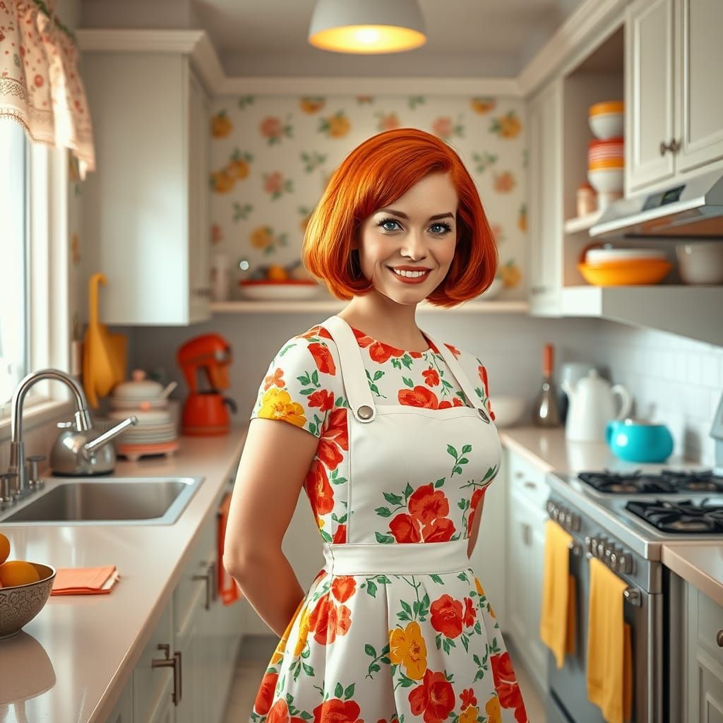 Cheerful 1960s Housewife in Bright, Shiny Kitchen