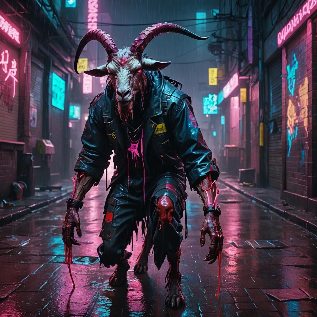 Goatman in Cyberpunk Alleyway: Neon-Noir Film Still