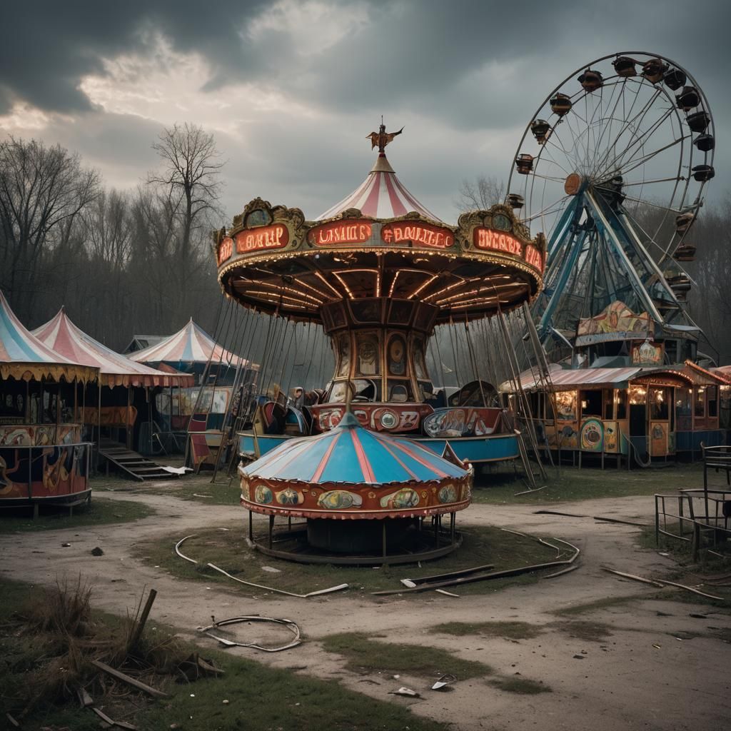 An abandoned, haunted fairground near an empty village sinis...