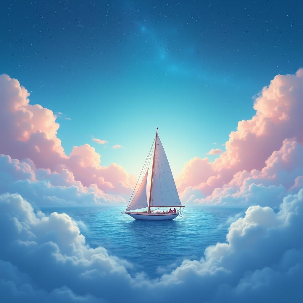 Pastel Cloud Ocean Sailing Boat Under Stars