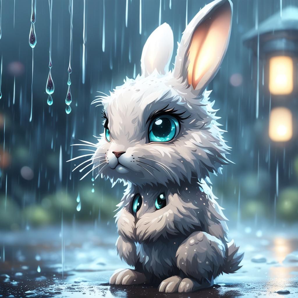Adorable very sad little bunny in the pouring rain with huge beautiful eyes, Breathtaking Fantasycore Artwork. Intricate...