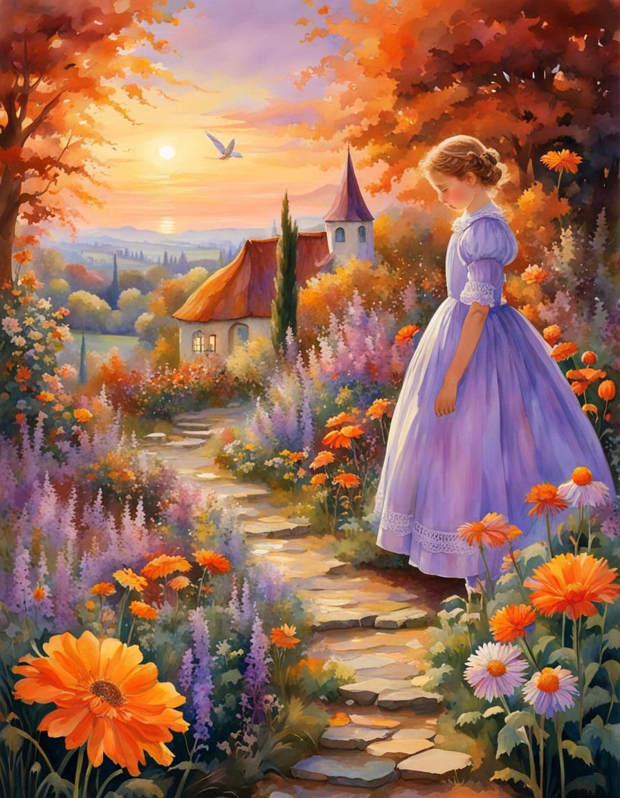 Children Playing in Fairy Garden at Sunset