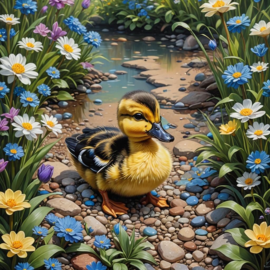 Duckling Smelling Flower: Oil Painting by James Gurney