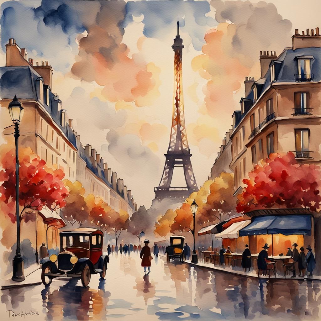 Paris Cityscape in Impressionist Watercolor Style