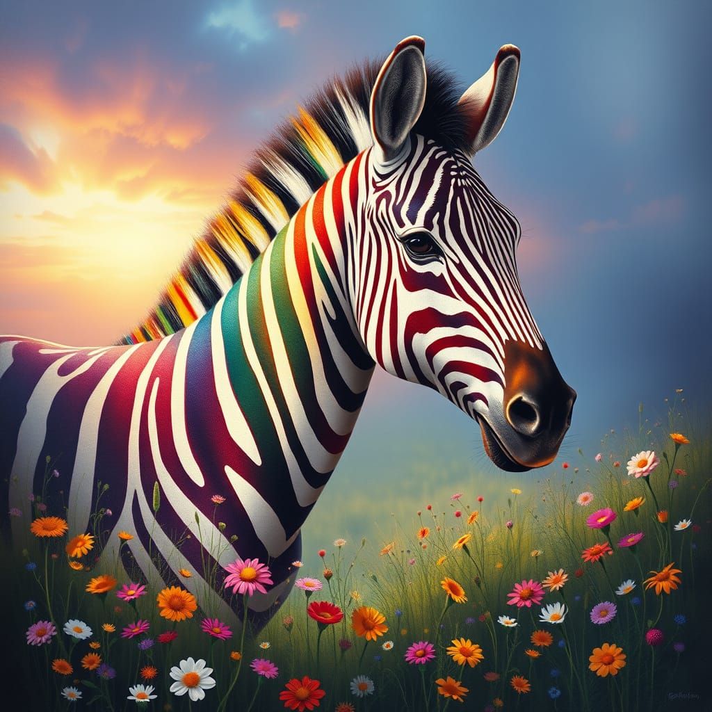 A Rainbow Zebra in a Vibrant Twilight Meadow