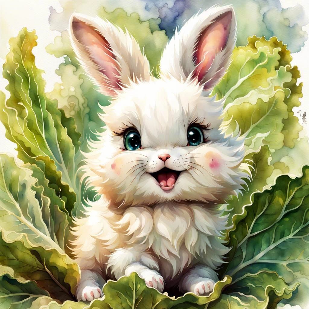 Adorable Chibi Bunny with Watercolor Lettuce