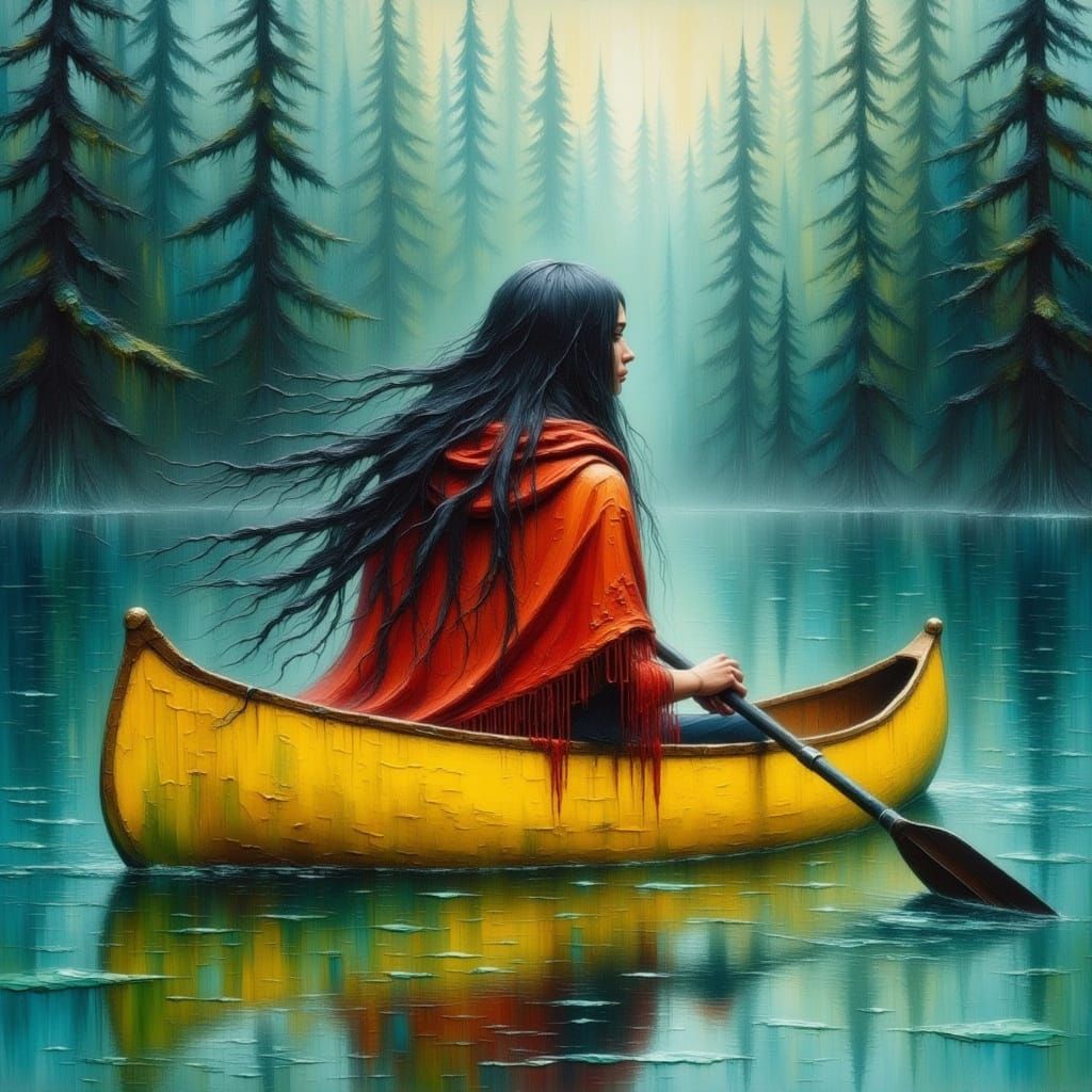 Figure Paddling Canoe in Evergreen Forest