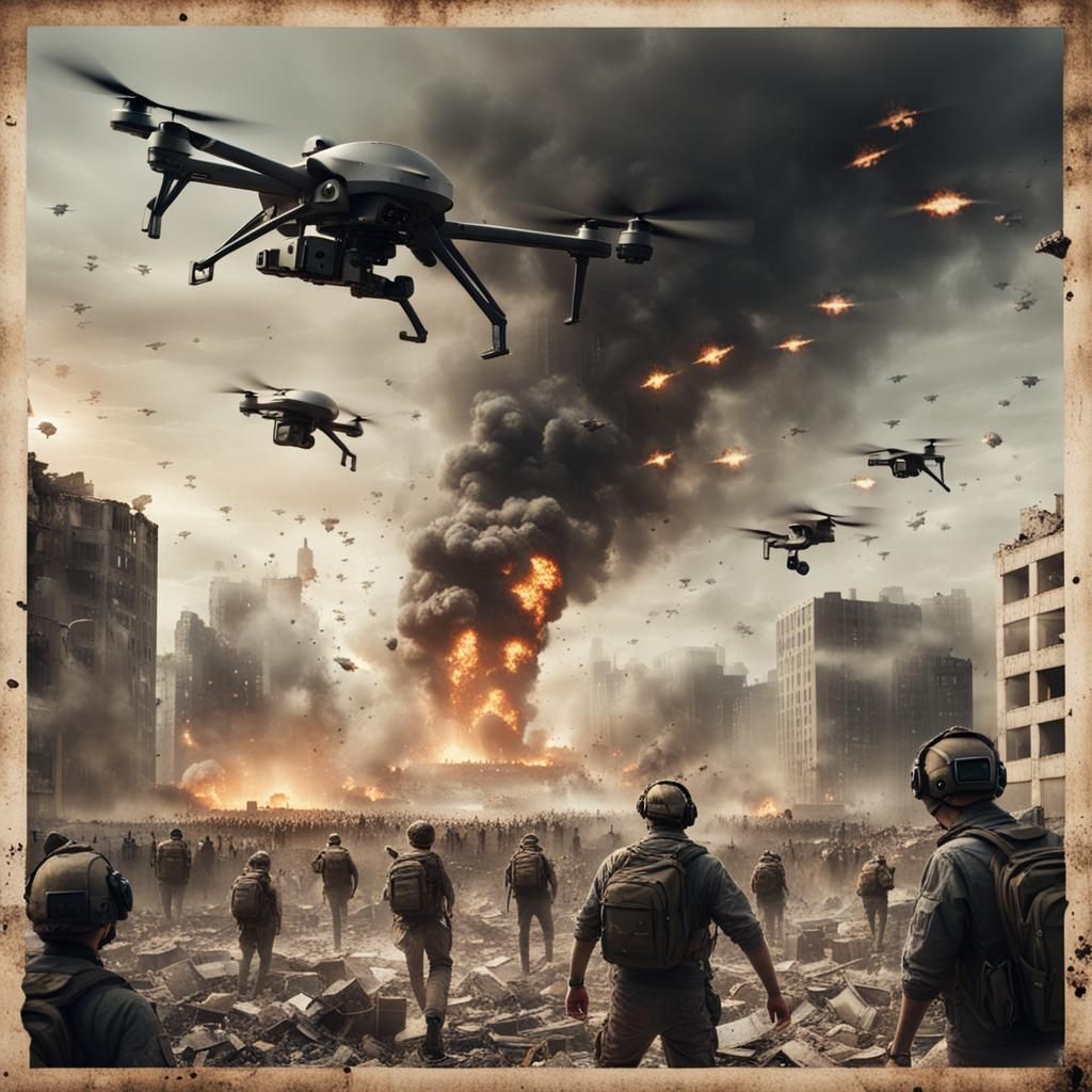 Dystopian Drone Warfare in Destroyed City